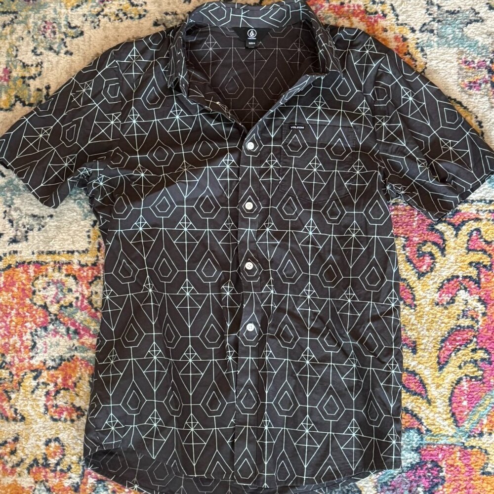 Men's Volcom Dark Grey Print Short-sleeve Shirt - Cotton - Button-down - M